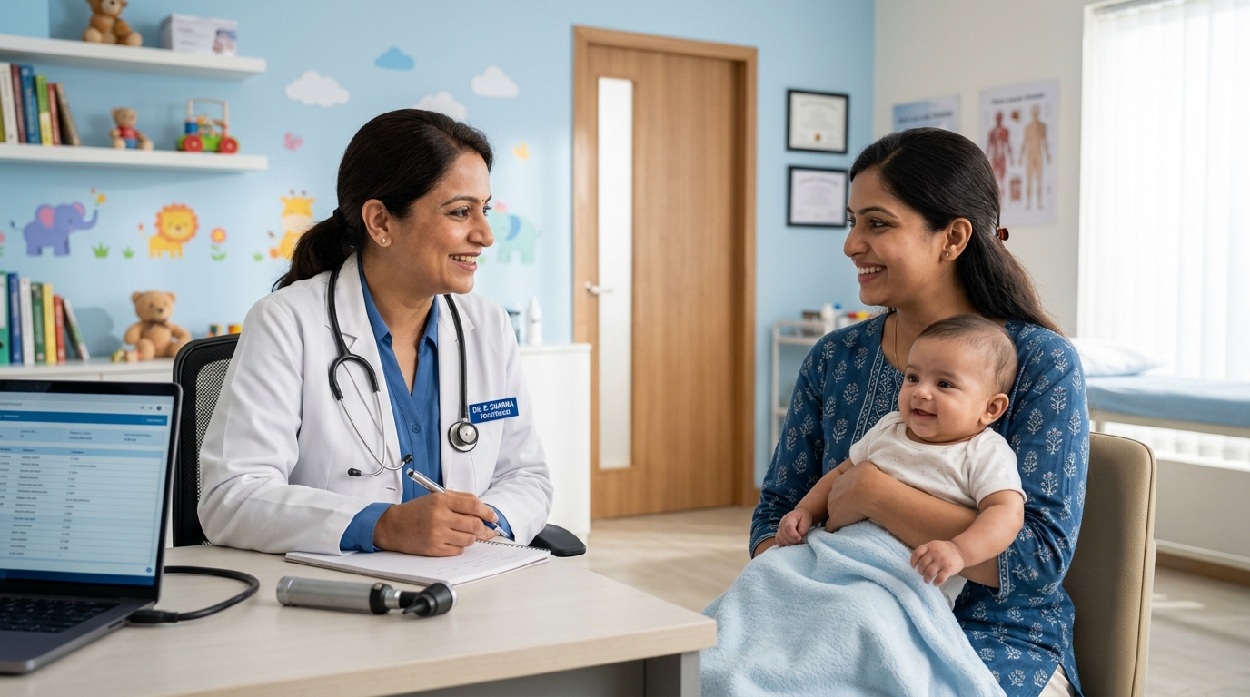 Pediatrician consulting with mother and infant